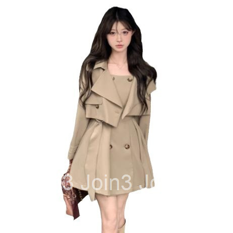 Autumn Winter New High-End Trench Coat Fashion Set Women Double-Breasted Short Jacket Top Short Dress