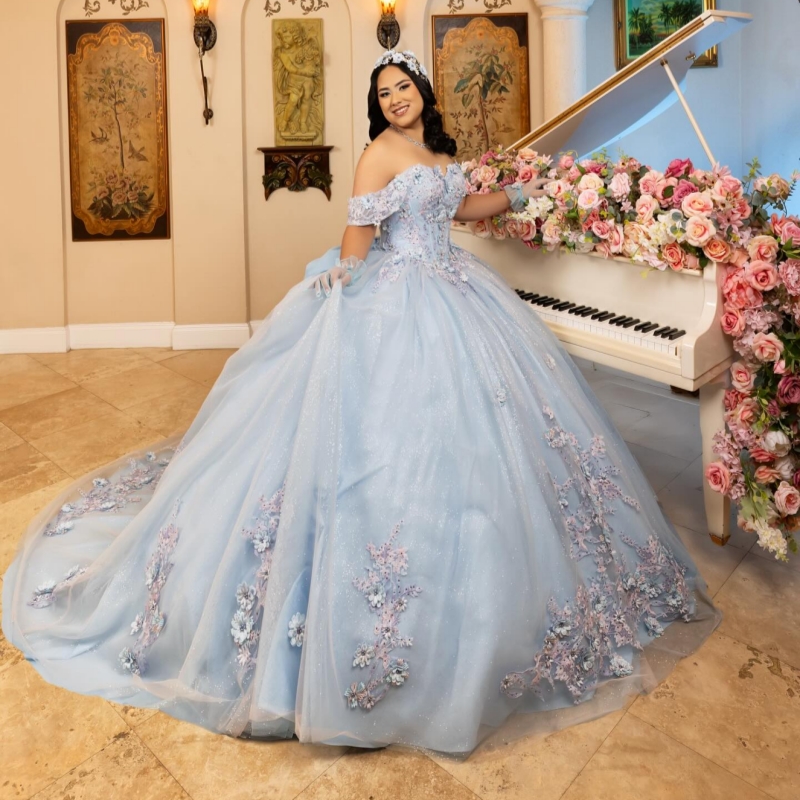 Sky Blue Shiny Quinceanera Dresses Ball Gown Off The Shoulder Applique Flower Beads Party Birthday Sweet 16 Dress Vestidos 15 Anos