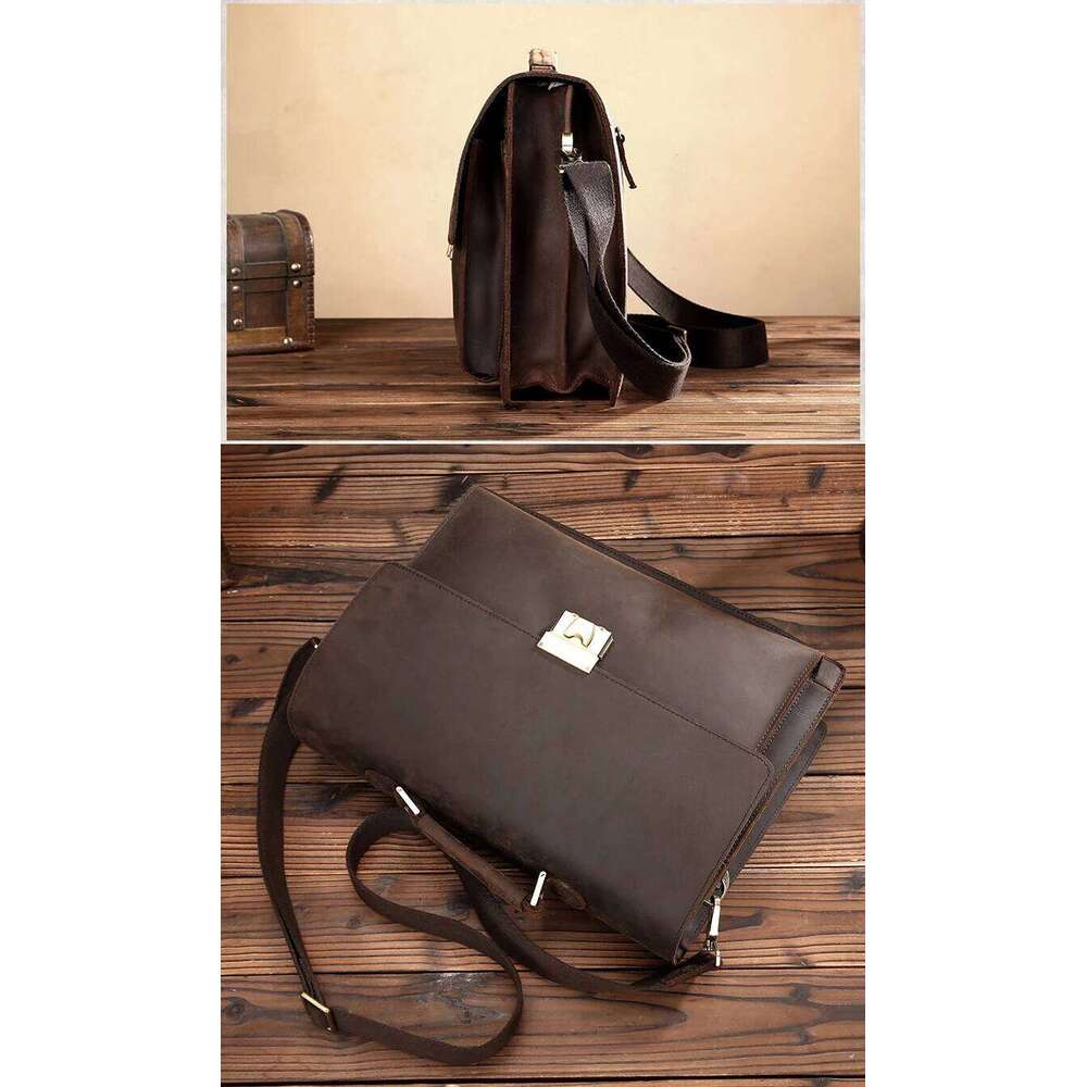 Vintage Genuine Business Briefcase Men Leather 14"inch laptop Bag Tote attache case with coded lock Handbag Shoulder bag