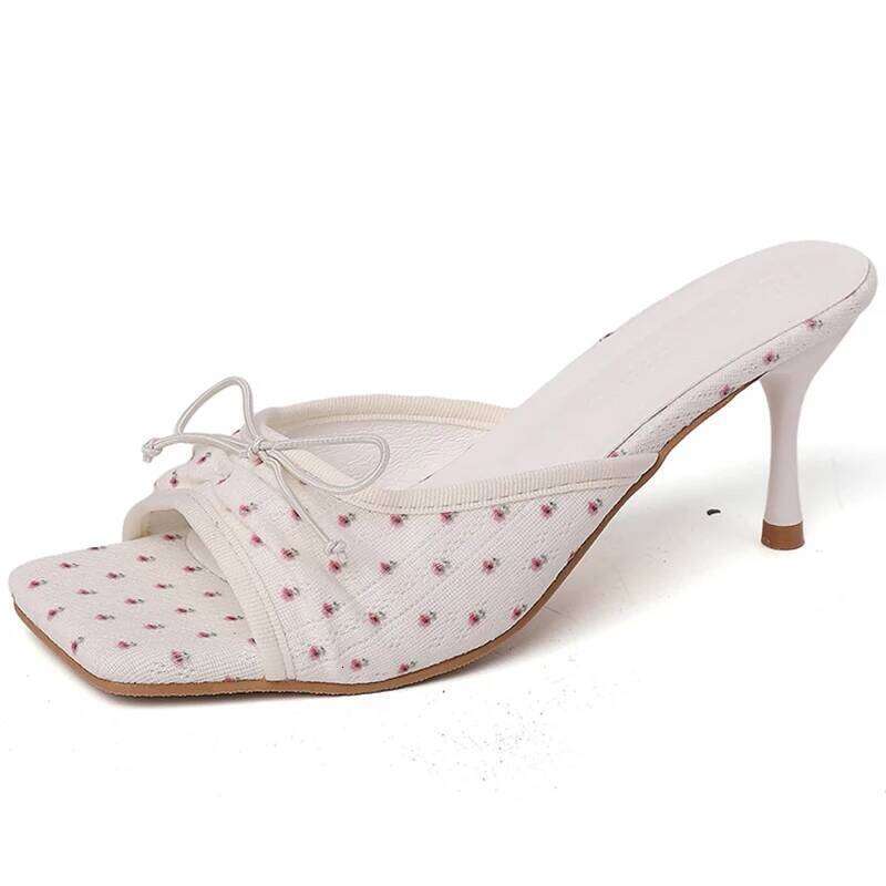 Summer Floral High Heels Women Slippers Fashion Square Toe Slip On Shoes Ladies Outdoor Party Dress Slides