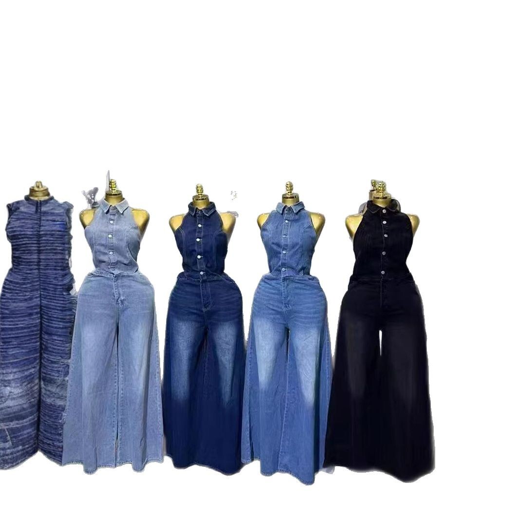 Summer new womens style lapel hanging neck single breasted backless denim jumpsuit pants
