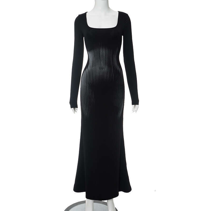 Q23ds586 Autumn New Square Neck Pullover Long Sleeve High Waist Bodycon Mermaid Dress For Women B5