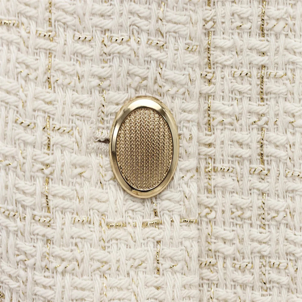 Women Beige Tweed Jacket with Gold Buttons and Belt Long Sleeves Front Pockets for Sale on 250729