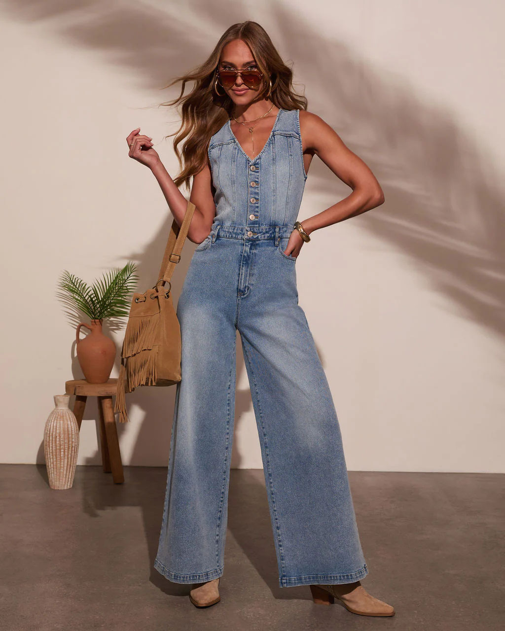 2025 American Style Summer New Womens Casual V-Neck Sleeveless Denim Jumpsuit Long Pants for Women
