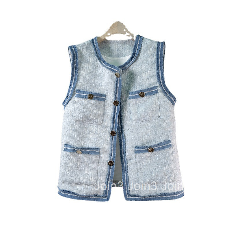 Yuans New Summer Vest Womens Small Fragrance Loose Round Neck Single breasted Panel Edge Vest Womens Outwear