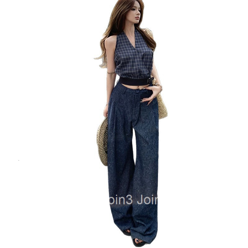 Summer New Sexy American Style Halter Neck Slimming Strap Sleeveless Top Short + High Waist Wide Leg Long Pants Set for Women