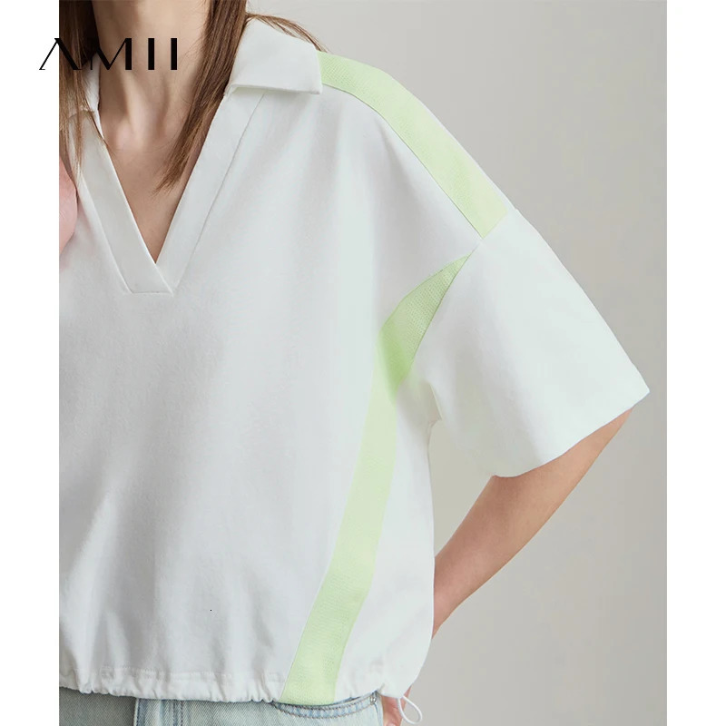 Amii Minimalist Cotton TShirts For Women 2025 Summer VNeck Pullover Loose Short Shoulder Sleeve Chic Commute Tops 12552001 250724