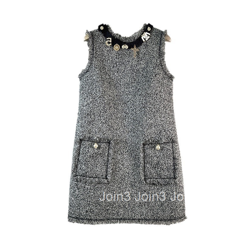 Winter Spring Summer New French Style Tweed Loose Simple Base Tank Dress Sleeveless Dress Short Dress