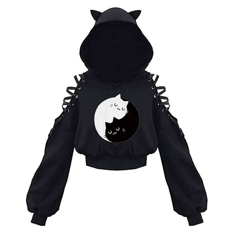 hoodie Y2k Gothic Womens Hoodie Cat Ear Crop Top Hooded Sweatshirt Hollow Out Lace Up Long Sleeve Hodded Casual Pullover Autumn jacket