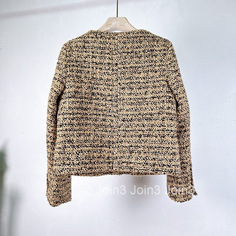 Autumn and Winter New Fashion Black Gold Flower Yarn Round Neck Short Style Tweed Wool Long Sleeve Coat Short Style Women