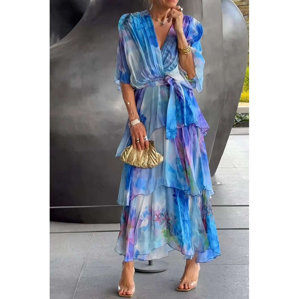 2025 New Cross-Border European and American Fashion Versatile Printed Layered Dress