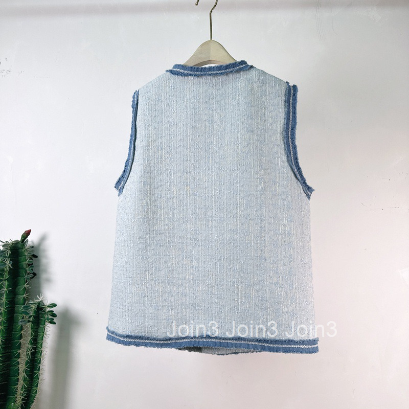 Yuans New Summer Vest Womens Small Fragrance Loose Round Neck Single breasted Panel Edge Vest Womens Outwear