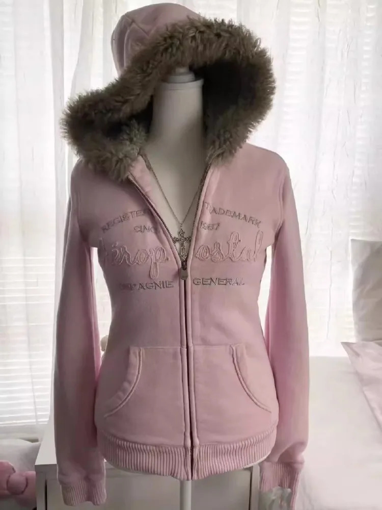 Vintage Fur Patchwork Hoodies Autumn Winter Grunge Zipper Hooded Coats Slim Fashion Y2K Letter Print Sweatshirt Jackets 250729