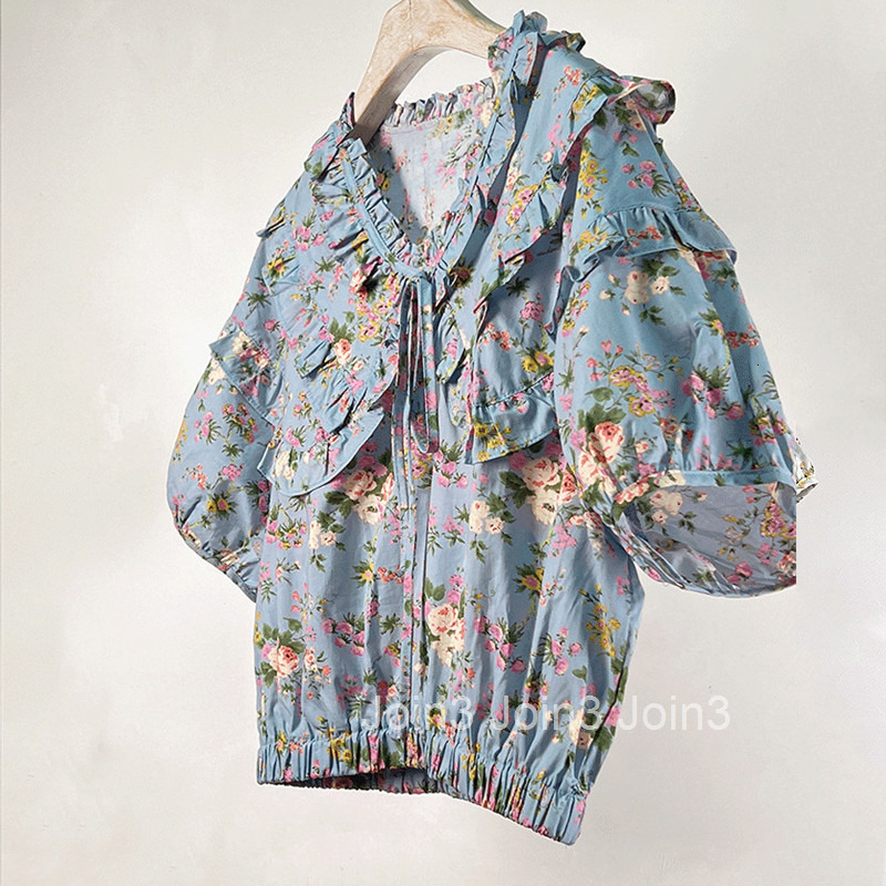 Summer New Fashionable Elegant Doll Shirt for Women Short Ruffled Patchwork Waist Shirt Floral Top Internet Celebrity
