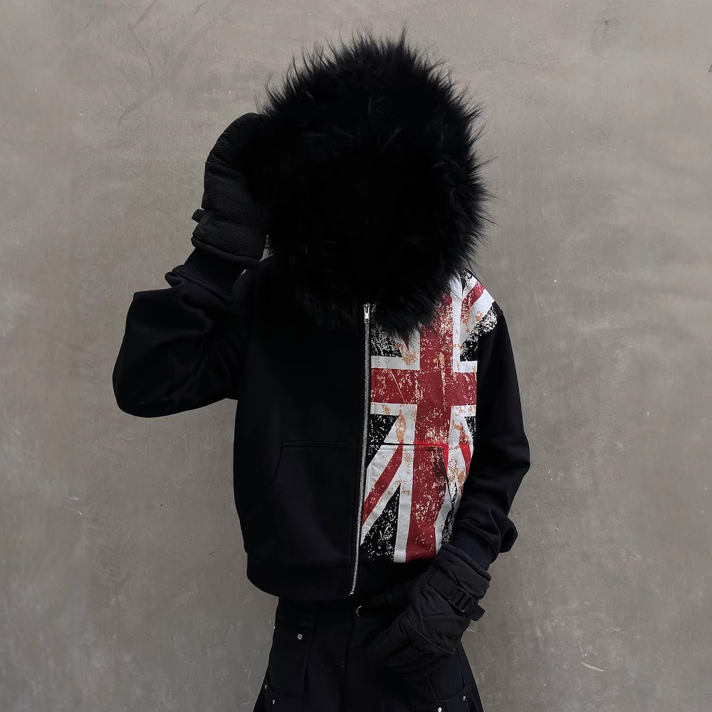 Men's Hoodies Black Printed National Fur Collar Oversized Hoodie Men Street Retro Clothing High Trendy Brand Zipper Sweatshirt