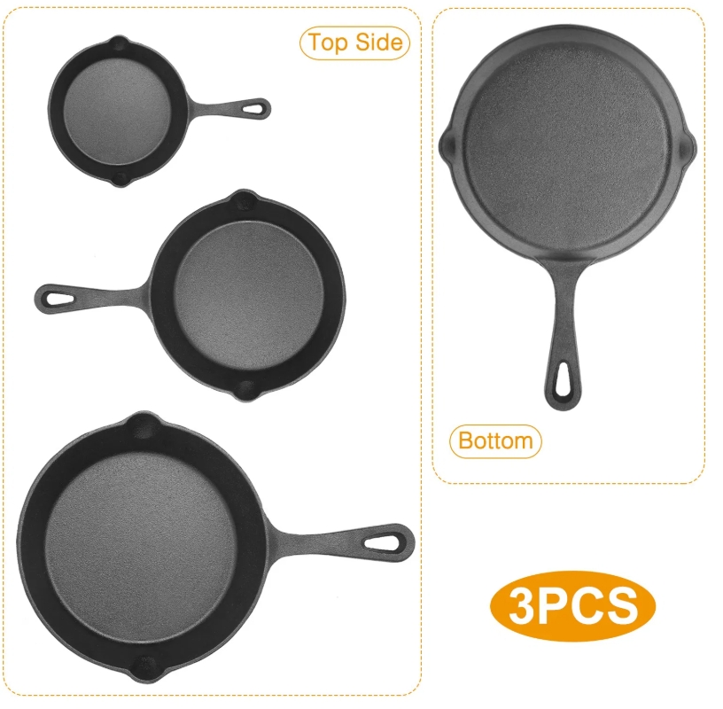 3Pcs Pre-Seasoned Cast Iron Skillet Set 6/8/10in Non-Stick Oven Safe Cookware Heat-Resistant Frying Pan