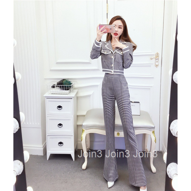 Autumn Winter New Style Elegant Plaid Single-Breasted Blazer Collar Long Sleeve Top Slim Fit Long Pants Set