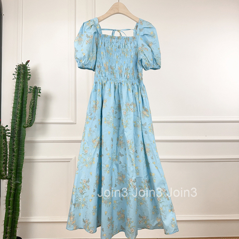 Summer New Korean Style Pleated Waist Low Square Neck Puff Sleeve Short Sleeve Dress Niche Floral Dress Mid-Length Dress