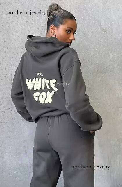 White Foxity Hoodie Tracksuit Womens Loose Sportswear 2 Piece Outfits Crewneck Hooded Hoody Sweatsuit Set Baggy Jogger Sweatpants Streetwear Sports Clothes 894