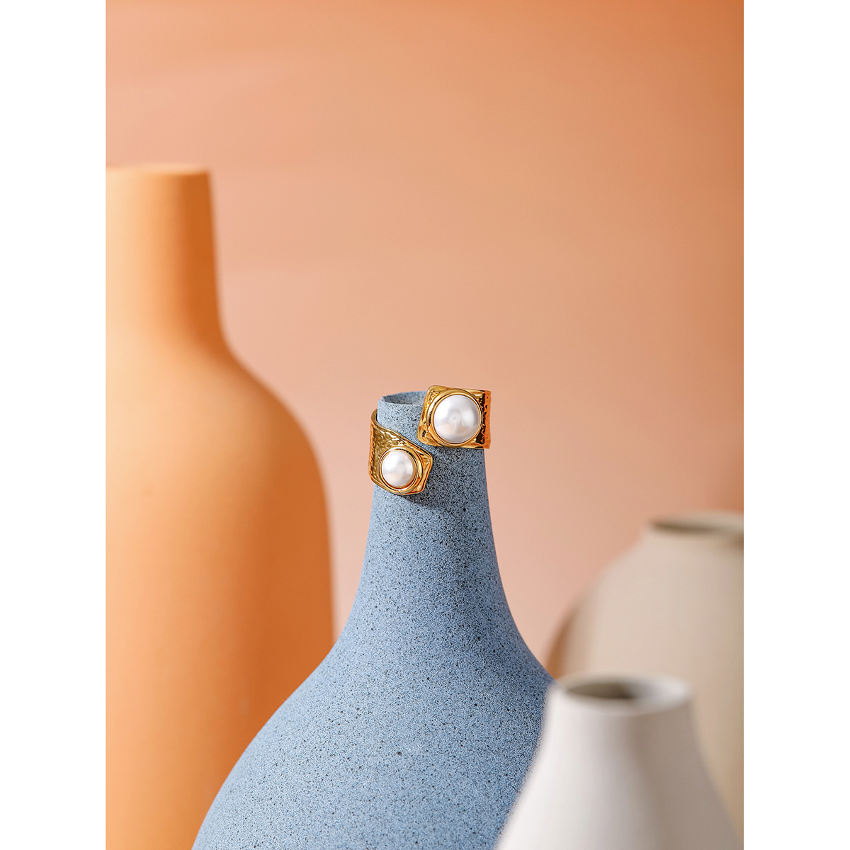 Fashion 18k Gold Plated Stainless Steel Irregular Twisty Open Ring Inlay Pearl Metal Texture Geometric High Quality Charm Jewelry
