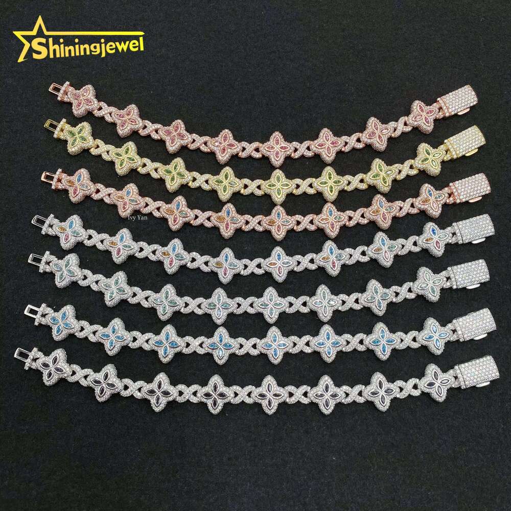 Colorful Marquise Flower Design 15mm Custom Iced Out Hip Hop Jewelry Cuban Link Chain Sier VVS Moissanite Bracelet