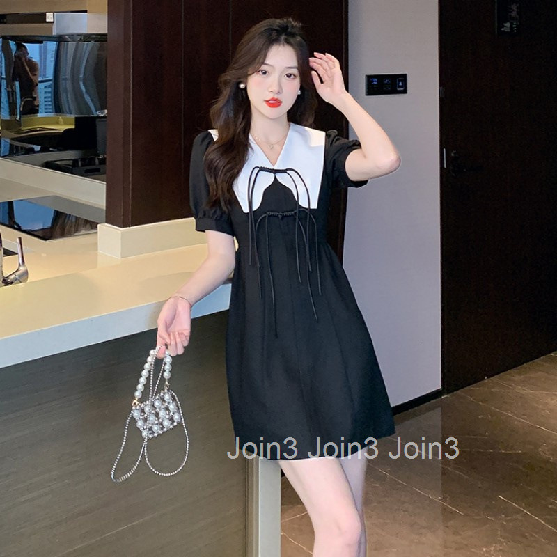 Summer New Loose A-Line Slimming Turn-Down Collar Button High Waist Short Sleeve Dress Short Skirt for Women