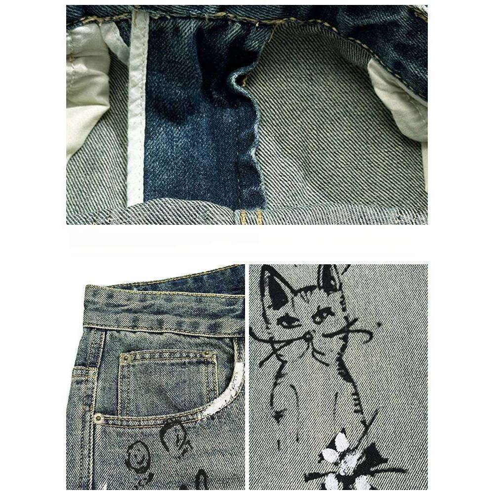 American Streetwear Distressed Creative Graffiti Print Baggy Jeans For Men Fashion Denim Straight Cargo Pants Haruku Trousers 250726