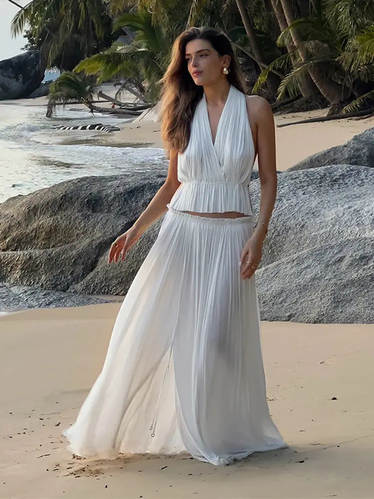Spring Summer Elegant Pleated Top Skirt Sets for Women White Sleeveless Vneck Tops Midi Skirts Female Suit Beach Lady Robe 250729