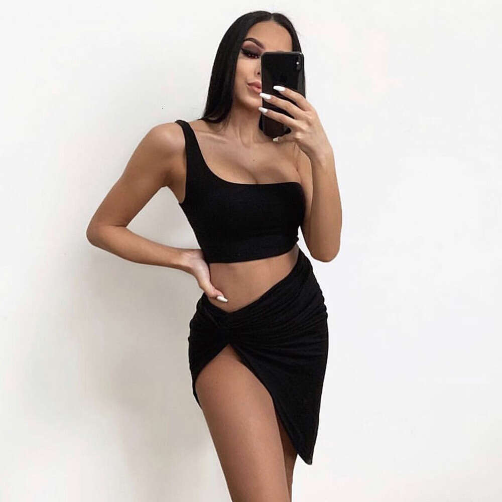 Spring New Women's Two-Piece Set One-Shoulder Crop Sexy Dress B5