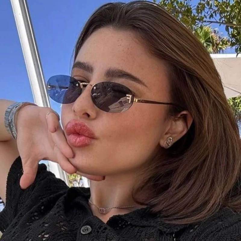 Diamond Letter F Rimless Sunglasse Metal Frame Black Small Oval Sun Glasses Unsiex Elegant Shades UV400 250729 - view 5