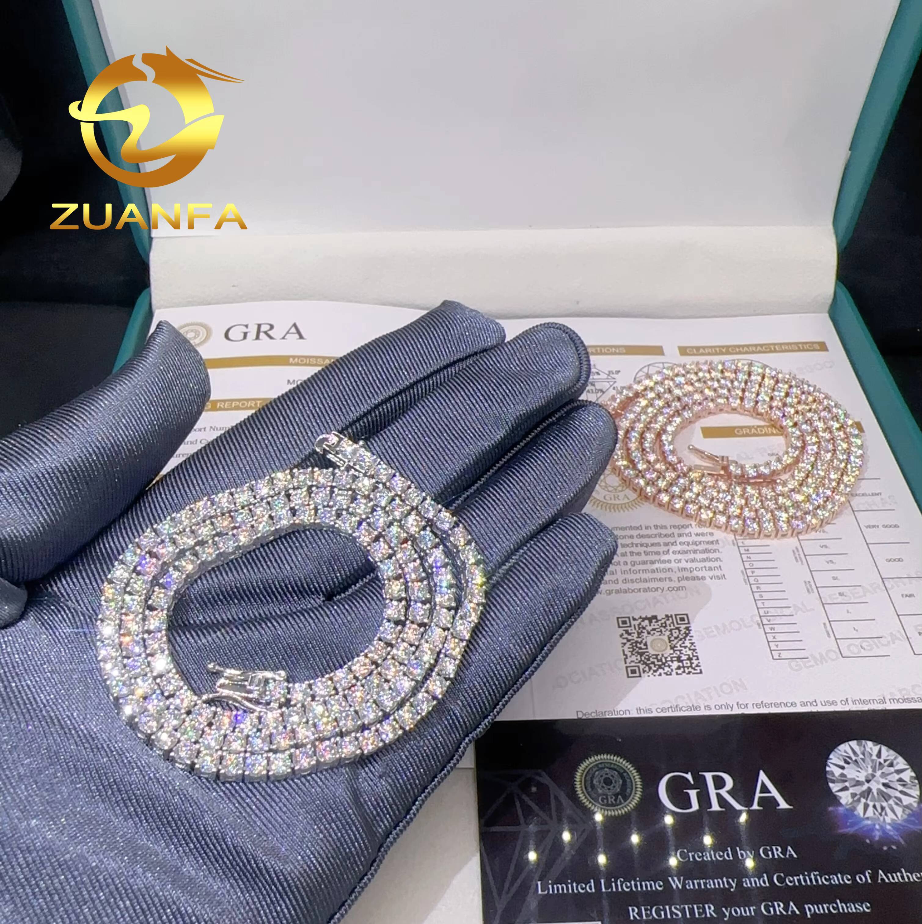 GRA Certified 3mm 925 Sterling Silver Vvs Tennis Chain D Color VVS Moissanite Diamond Tennis Chain Necklace for Men women