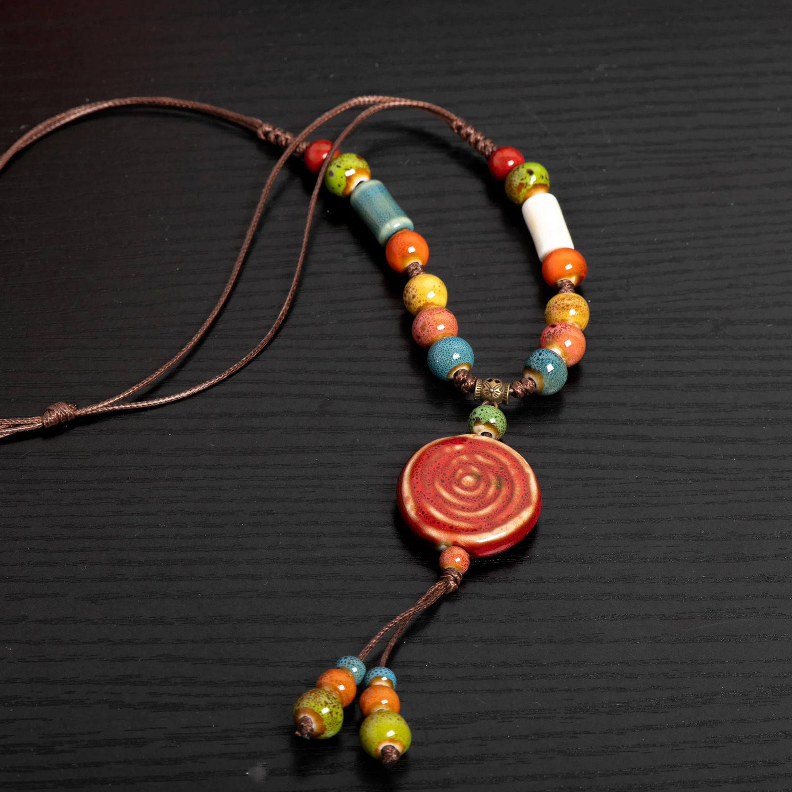 Handmade Red Pattern Ceramic Necklace Adjustable Vintage Pendant Boho Long Necklace Accessories 1107 250729
