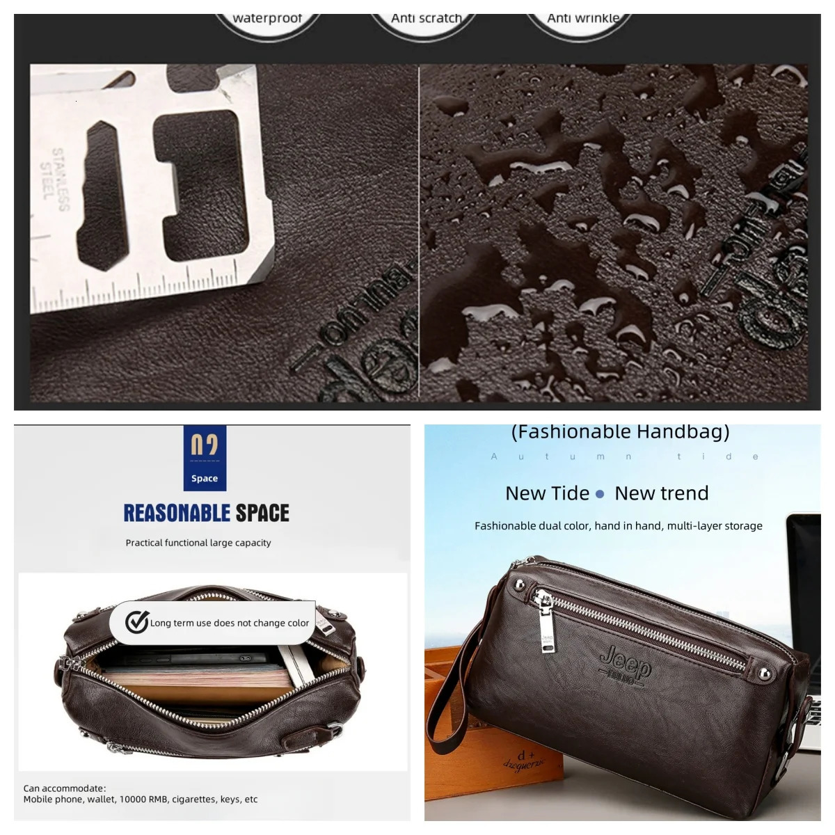 BULUO Fashion Big Mans Handbags High quality Leather Clutch bag Wallet Purse Large Capacity Business Brown 250723