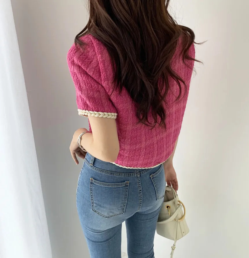 Summer Elegant Retro Short Korean Plaid Tweed Cardigan Women Fashion Sleeved Thin Jacket Female Top 250729