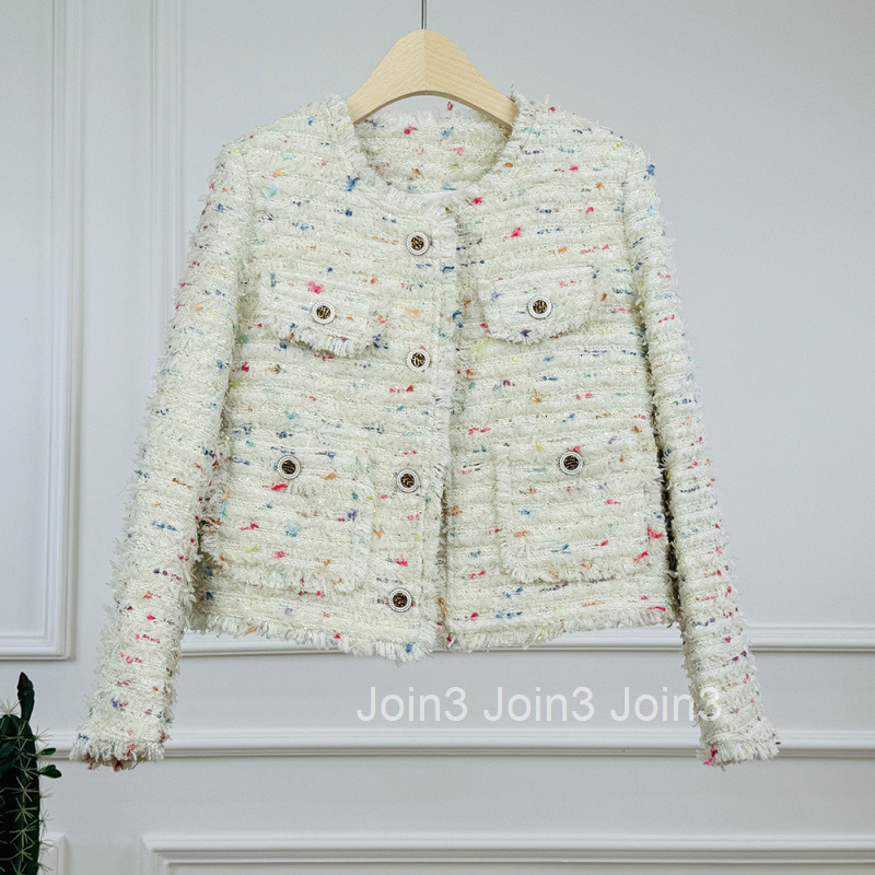 Autumn Winter Floral Tweed Jacket Fashionable Youthful Tassel Tweed Round Neck Elegant Long Sleeve Short Jacket for Women
