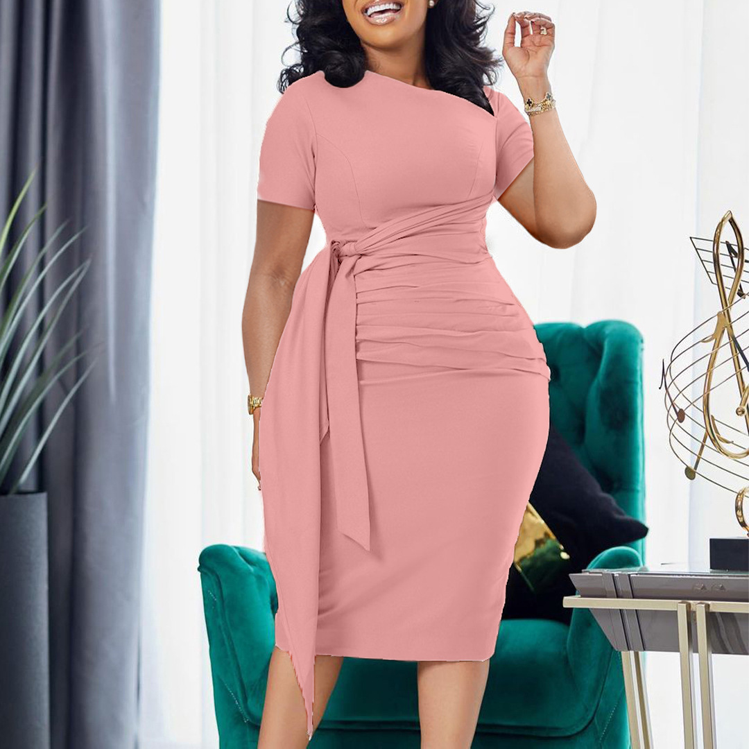 B728Summer new short-sleeved fashionable pleated elegant strap oblique collar European and American dress