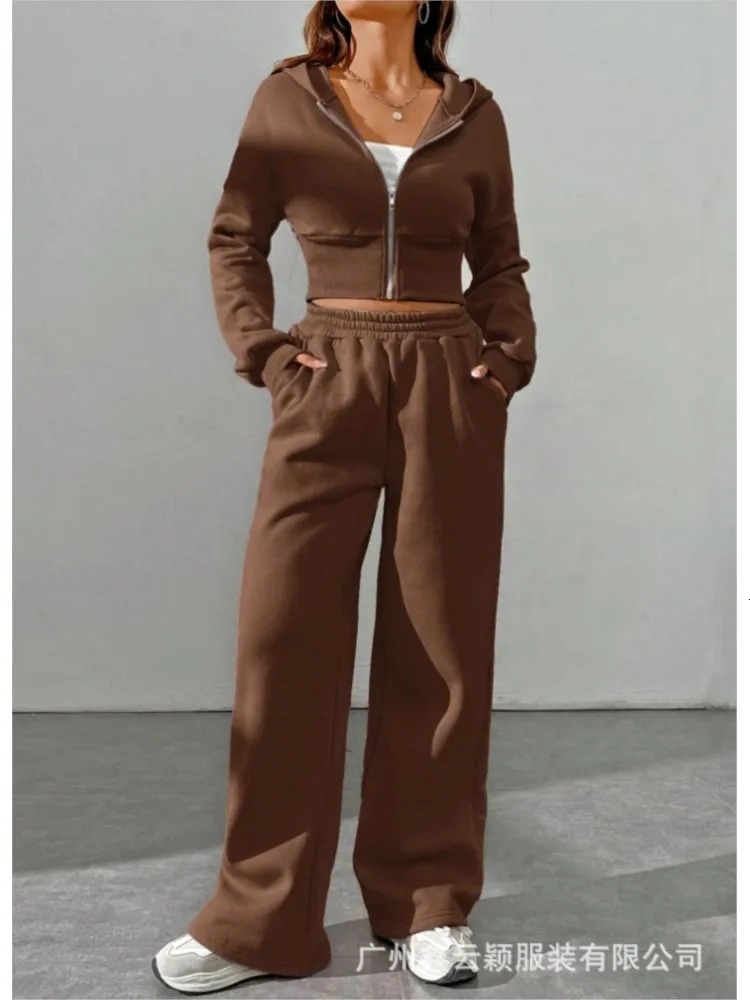Casual Fashion Hoodie Long Sleeve Zipper Cardigan Sweater Sports Trousers 2Piece Set Autumn Winter Pocket Suit Women 250729