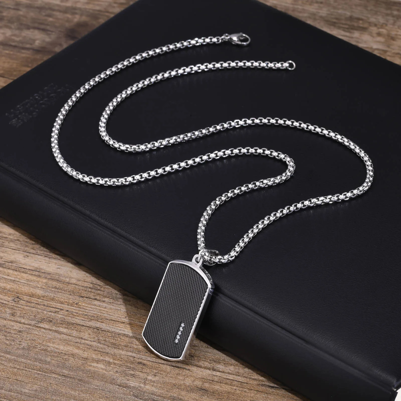 Vnox Stylish Black Dog Tag Necklaces for Men Women with Cubic Zirconia Stone Stainless Steel Square Pendant Collar Gift 250729