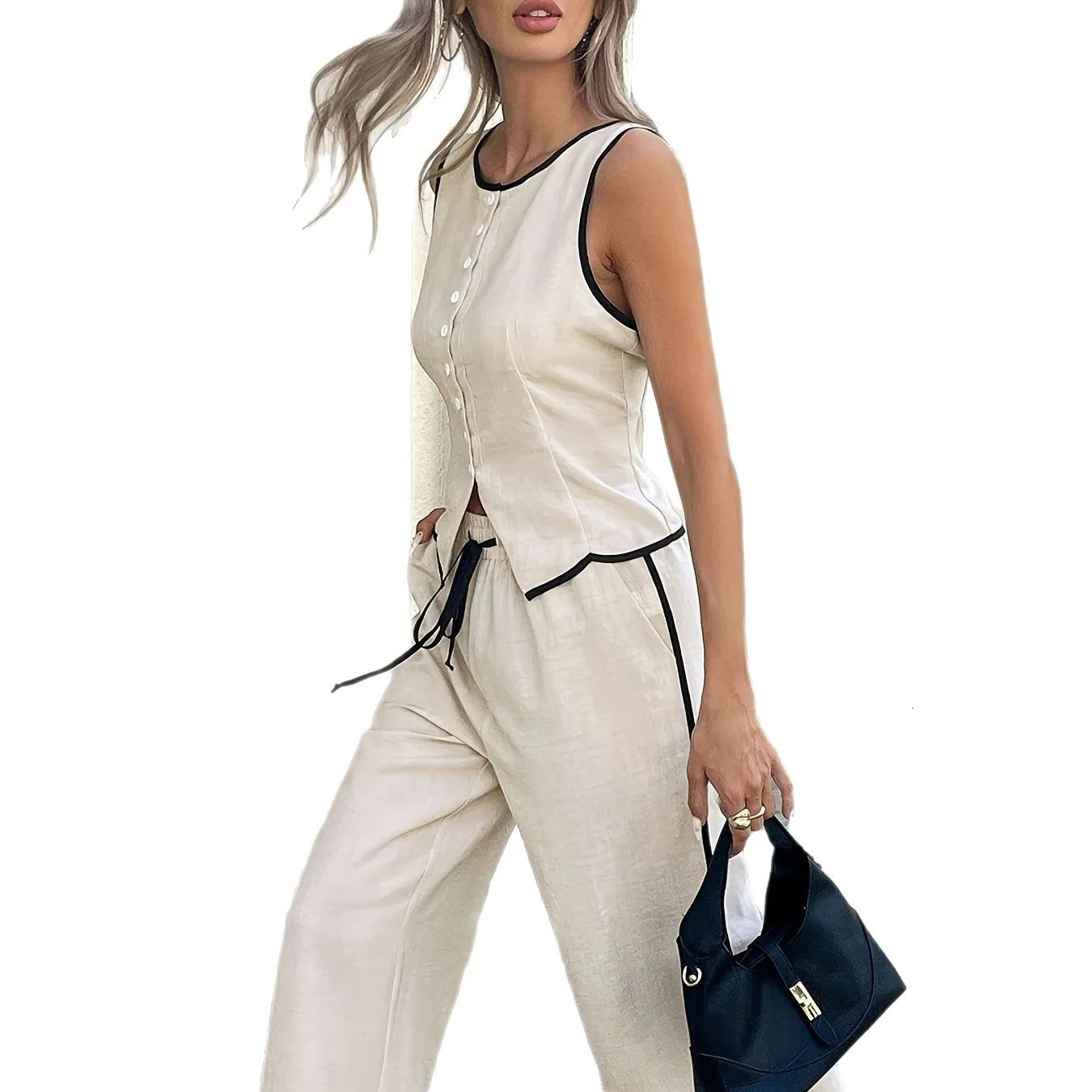 Summer Female Vest Pants Set Solid Sleeveless VNeck Top High Waist Casual Loose Twopiece Office Lady Suit Street 250729