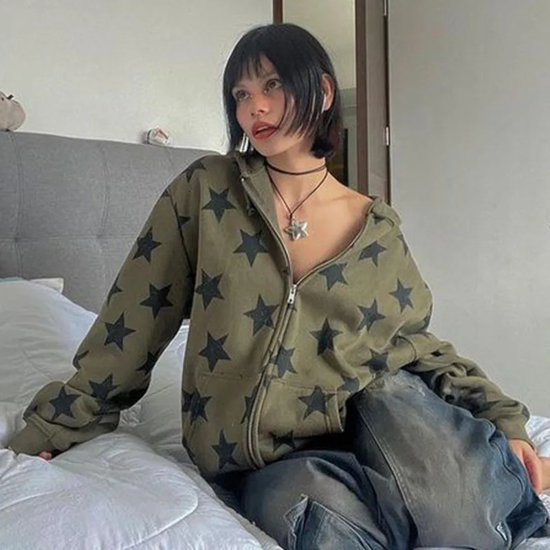 Women Harajuku Casual Loose Grunge Sweatshirt Autumn Winter Vintage Jacket Hip Hop Punk High Street Stars Print Zip Up Hoodies 250729