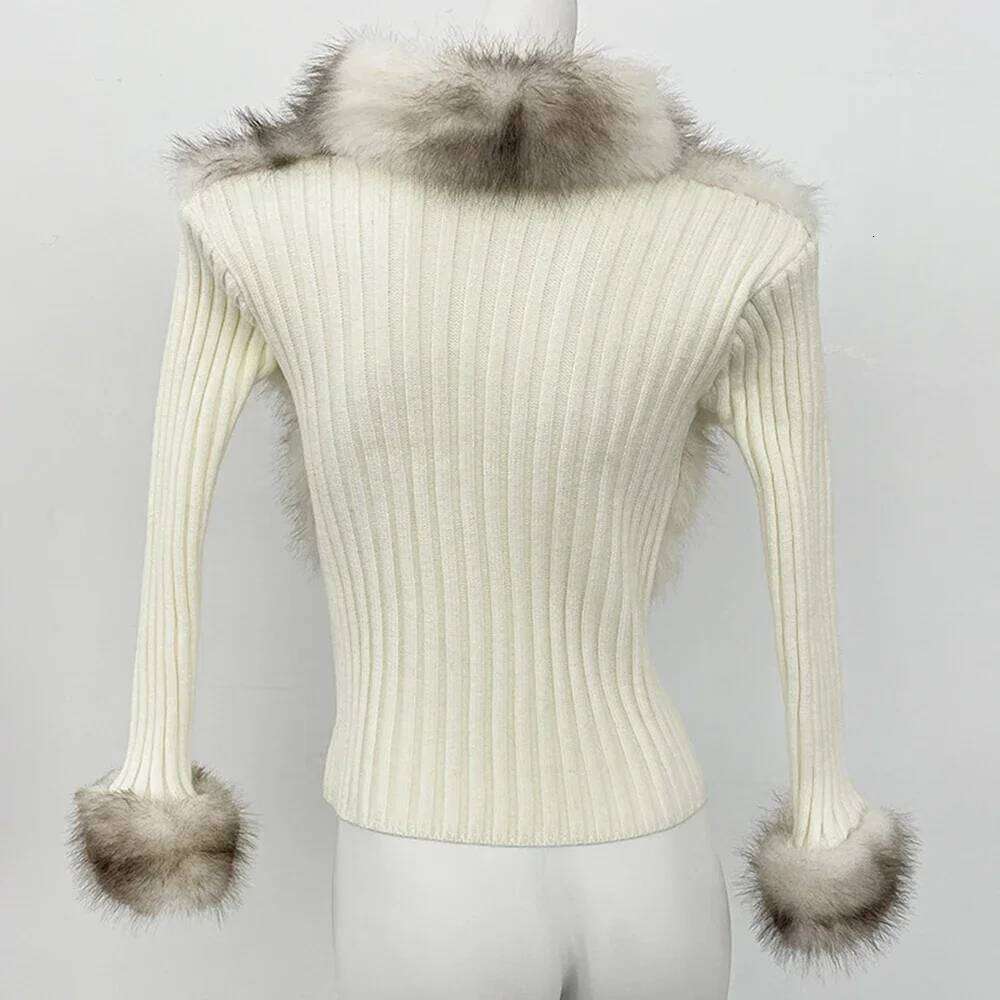 Coat Knitted Women Spring Eco-Friendly Knitwear Patchwork Long Sleeve Faux Fur Sweater Cardigan Vintage