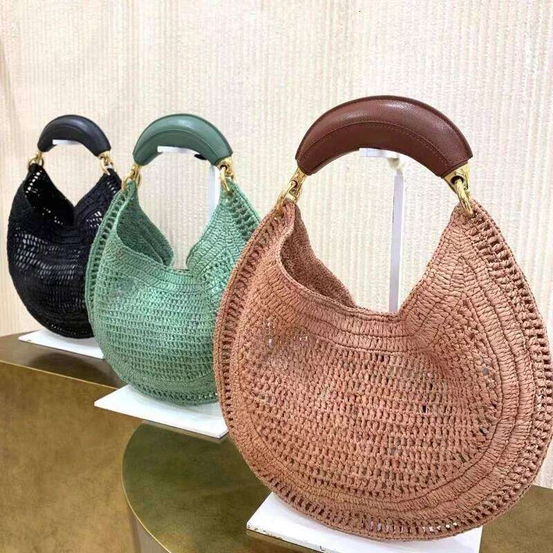 Brand Handmade Raffia Crescent Leather Handle Underarm Shoulder Bag For Women Boho Chic Handheld Hobo Purse Elegant Clutch