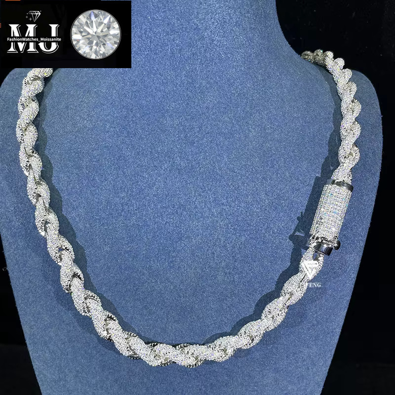 Fashion Jewelry Popular White Gold Plated Sier Iced Out 8mm VVS Moissanite Hip Hop Rope Chain Necklace For Men