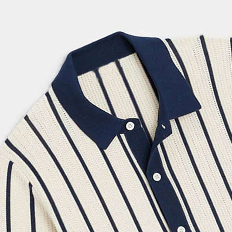 Designer Clothing 2025 New Men Cardigan T-Shirt Hollow Out Striped Knit Polo Shirt Casual Button-Down High Quality Streetwear Fashion Leisure Knitwear