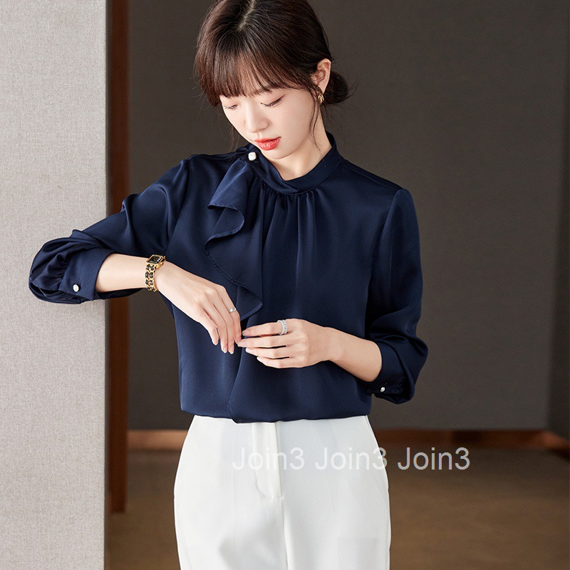 Autumn New Plus Size Womens Navy Blue Elegant Ruffled Long Sleeve Shirt Womens Blouse Top