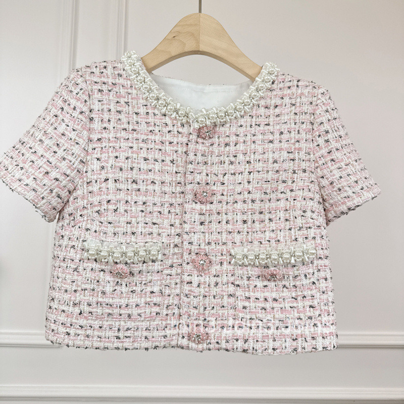 Summer New French Style Elegant Short Sleeve Top Short Beaded Knitted Cardigan Bodycon Skirt Set