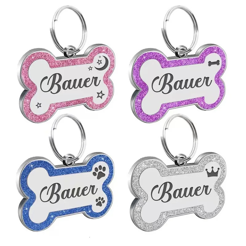 Custom Double Side Dog Cat ID Tag Glitter Dogs Cats Name Pendant Tags Pet Collar Accessories Anti-lost Bone Tags for Dog Cat 250729
