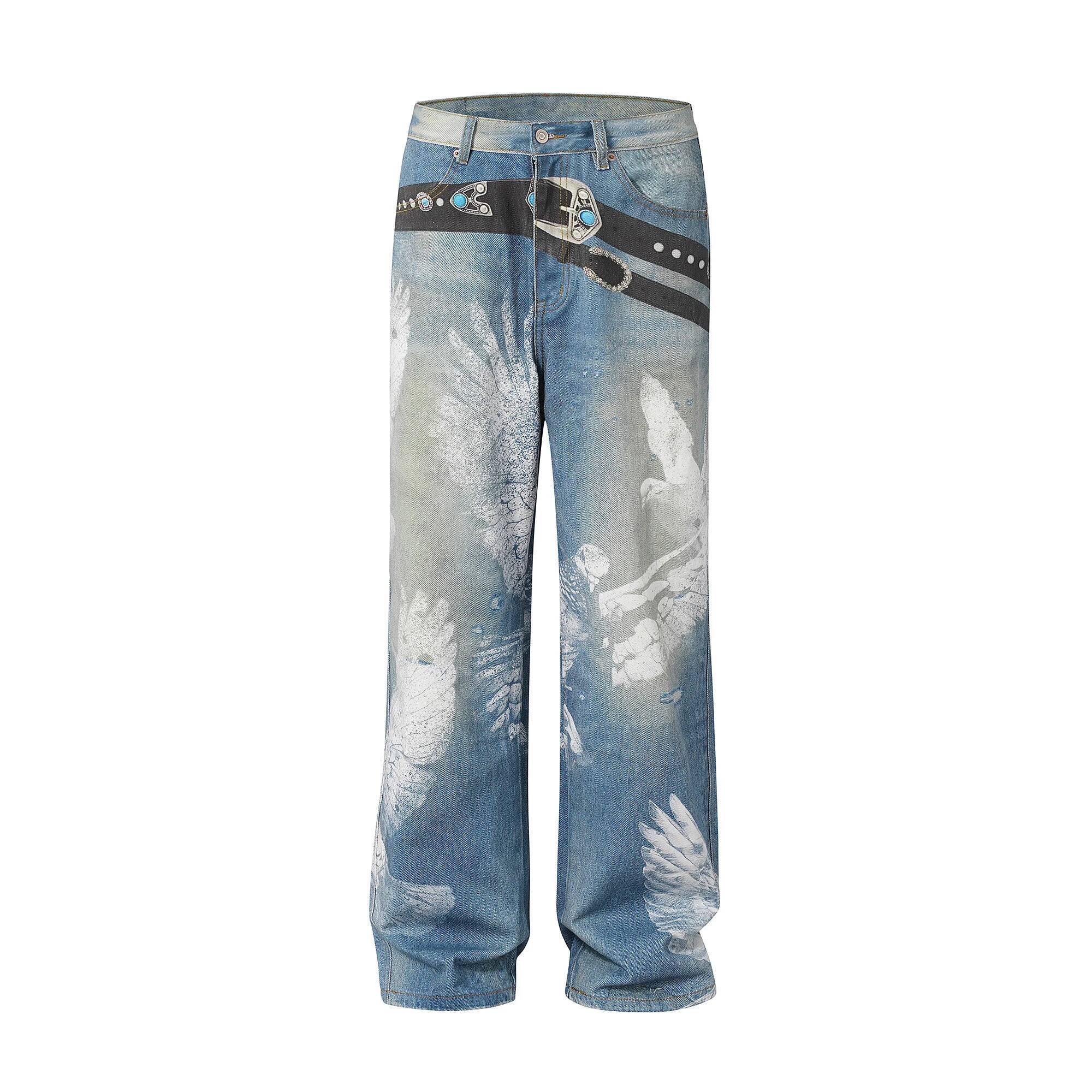 Dove Of Peace Spray Painting Graffiti Y2k American Vintage Streetwear Straight Pants Jeans Loose Casual Men Denim Trousers