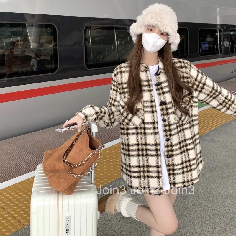 Autumn Winter Korean Style Turn-down Collar Single-breasted Loose Plaid Long Sleeve Wool Coat Mid-length Jacket for Women