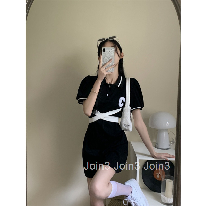 Summer New French Style Lapel Back Tie Color-Block Slim Fit Short Sleeve Dress Bodycon Mini Dress